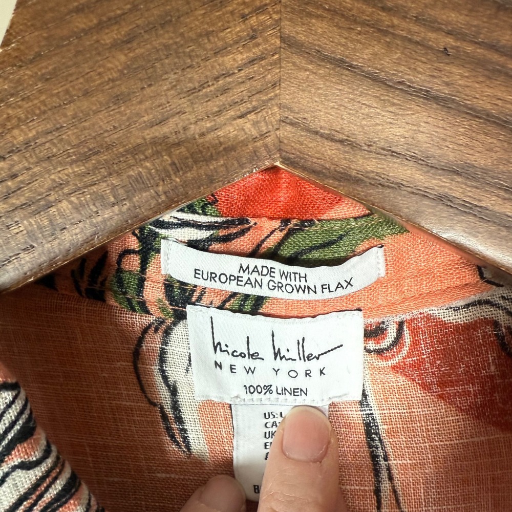 Nicole Miller European Grown Flax 100% Linen Palm Tree Button Down Blouse Large - Picture 4 of 13